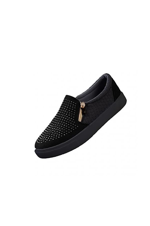 Baskets plates pour femme avec fermeture éclair en strass, bout rond, chaussures de marche classiques, confortables, légères 