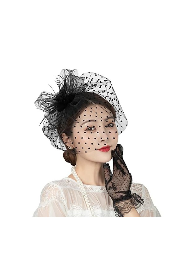 Ensemble de gants pour femme,Chapeau de cocktail,Plumes et fleurs,En maille,Style rétro,Accessoire de mariage,Clip pour cheve