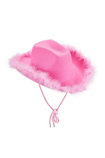 Chapeau de cowboy rose pour femme - Couleur unie - Bordure en fourrure à large bord - Chapeau de cowboy avec plumes - Pour re