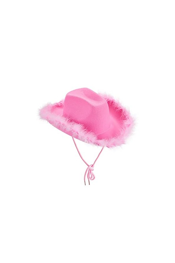 Chapeau de cowboy rose pour femme - Couleur unie - Bordure en fourrure à large bord - Chapeau de cowboy avec plumes - Pour re