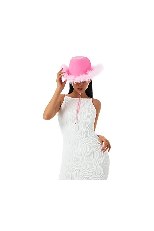 Chapeau de cowboy rose pour femme - Couleur unie - Bordure en fourrure à large bord - Chapeau de cowboy avec plumes - Pour re