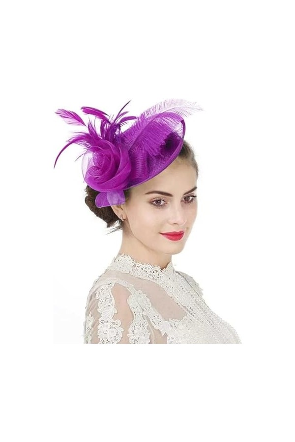 Fascinator Chapeau pour femme Derby avec plumes - Serre-tête en maille avec pince à cheveux - Élégant - Vintage - Pour mariag