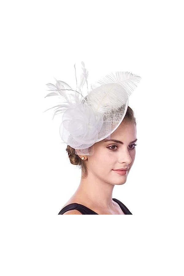 Fascinator Chapeau pour femme Derby avec plumes - Serre-tête en maille avec pince à cheveux - Élégant - Vintage - Pour mariag