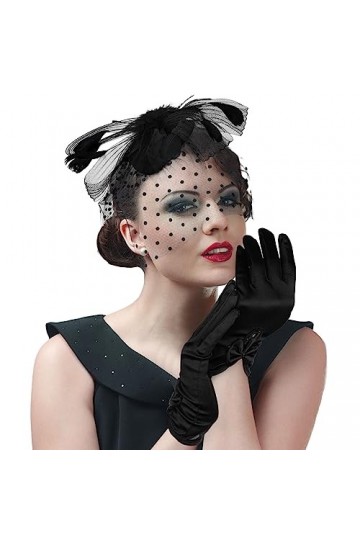 QESSUVNC Chapeau bibi vintage pour femme - En maille - Style années 1950 - Noir - Avec plumes - Pour cocktail, mariage, églis