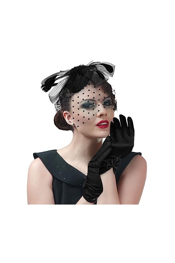 QESSUVNC Chapeau bibi vintage pour femme - En maille - Style années 1950 - Noir - Avec plumes - Pour cocktail, mariage, églis