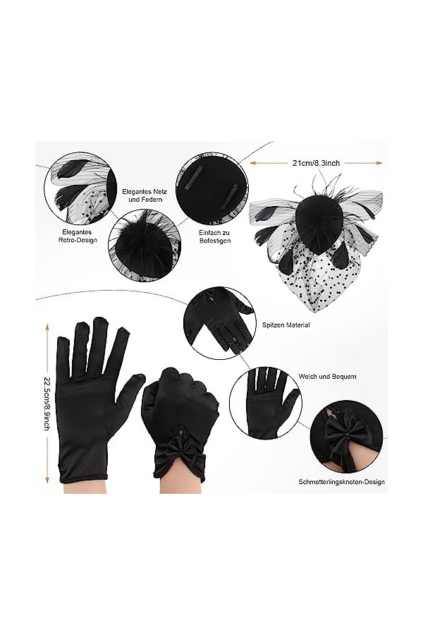 QESSUVNC Chapeau bibi vintage pour femme - En maille - Style années 1950 - Noir - Avec plumes - Pour cocktail, mariage, églis