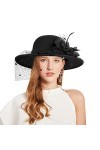 haozaikeji Chapeau melon de couleur unie avec plumes de fleurs amovibles en maille noire à large bord Chapeau Fedora élégant 