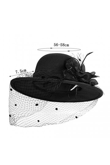 haozaikeji Chapeau melon de couleur unie avec plumes de fleurs amovibles en maille noire à large bord Chapeau Fedora élégant 