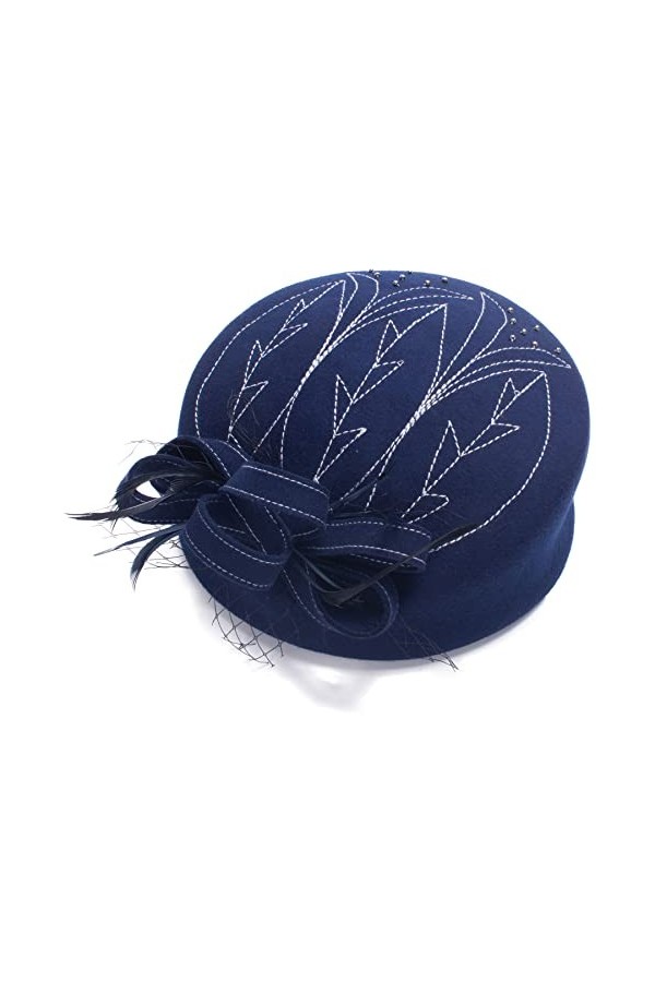Lawliet Chapeau de cocktail brodé en feutre pour femme A140, Navy Blue