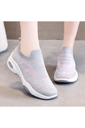 Baskets tendance pour femme à fond plat, antidérapantes, légères, en maille tissée, respirantes, couleur unie, à enfiler, gri