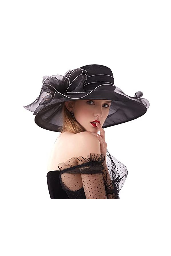 Naimo Chapeau en organza pour femme - Chapeau large bord - Motif floral - Chapeau de plage - Église thé - Fête de mariage, No