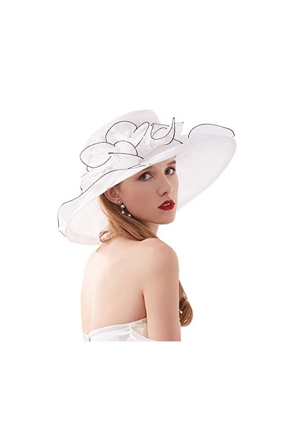 Naimo Chapeau en organza pour femme - Chapeau large bord - Motif floral - Chapeau de plage - Église thé - Fête de mariage, No