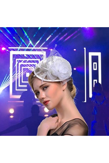 COSFAN Chapeaux à visière, Bandeau à Plumes pour Femme, Barrette rétro en Dentelle et Fleurs, Chapeau de Derby pour soirée th