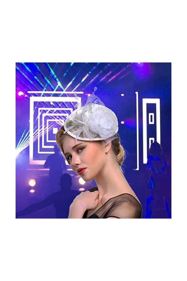 COSFAN Chapeaux à visière, Bandeau à Plumes pour Femme, Barrette rétro en Dentelle et Fleurs, Chapeau de Derby pour soirée th