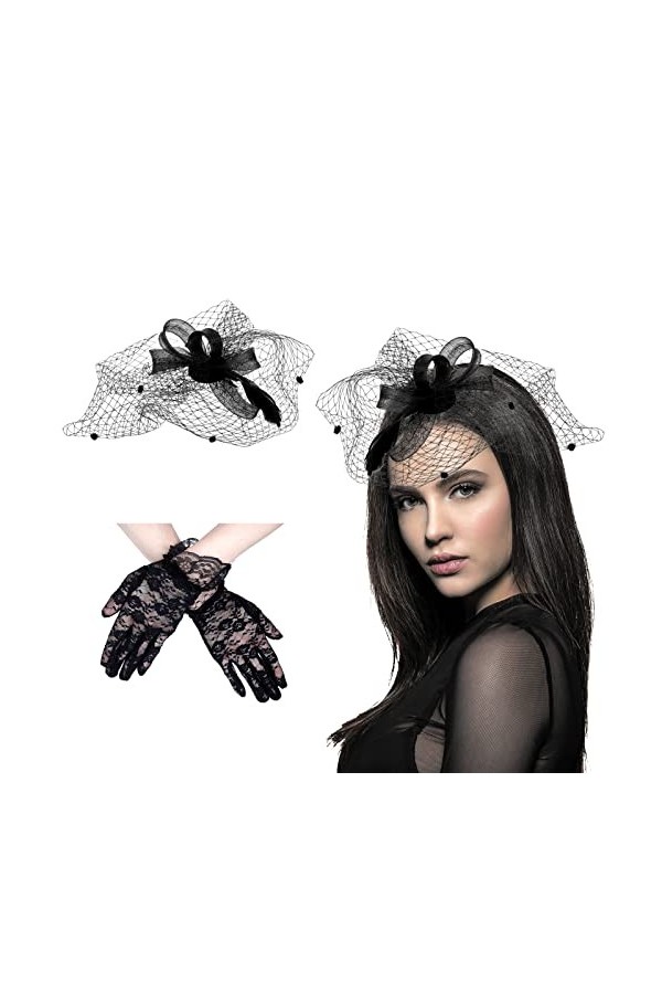 BEIMEIII Lot de 2 chapeaux de bibi noir inclus chapeau de mariée plumage voile maille bandeau et fleurs en dentelle gants pou