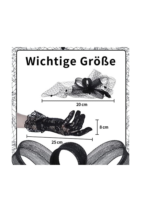 BEIMEIII Lot de 2 chapeaux de bibi noir inclus chapeau de mariée plumage voile maille bandeau et fleurs en dentelle gants pou