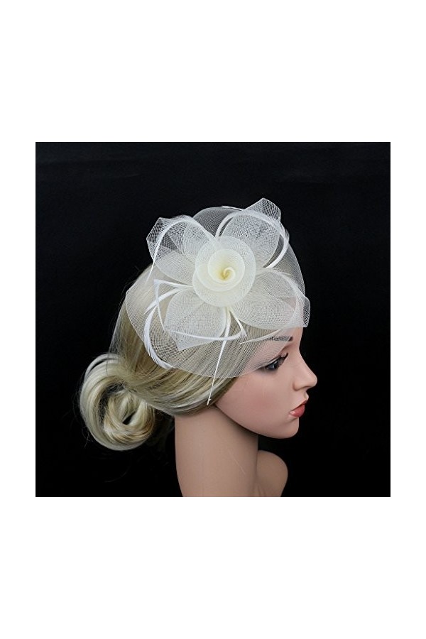 NICEYEA Chapeau bibi élégant pour femme avec plumes et voile en maille filet - Chapeau de fête Ascot - Chapeau Derby avec cli