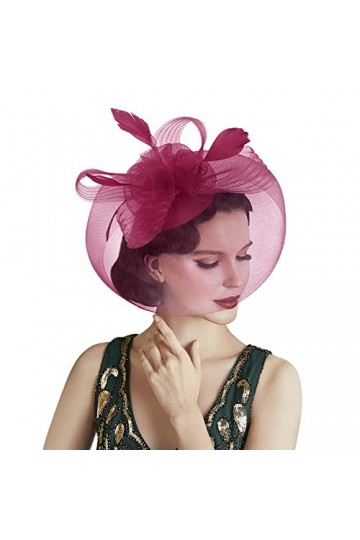 Chapeau vintage en maille pour femme - Pour mariage, cocktail, église, thé, fête, jockey club, rouge bordeaux, taille unique