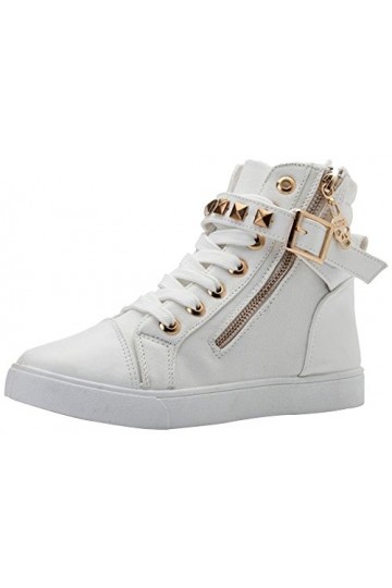 wealsex Basket Montante Plate Rivet Boucle Femme Lacets Fermeture éclair Chaussure Casuel Mode Confort Sneakers Blanc,38 