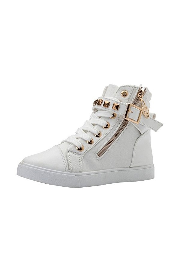 wealsex Basket Montante Plate Rivet Boucle Femme Lacets Fermeture éclair Chaussure Casuel Mode Confort Sneakers Blanc,38 