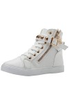 wealsex Basket Montante Plate Rivet Boucle Femme Lacets Fermeture éclair Chaussure Casuel Mode Confort Sneakers Blanc,38 