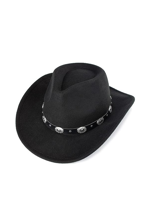 INOGIH Chapeau de cowboy western avec ceinture pour femme – Chapeau panama en feutre de laine, Noir , Taille M