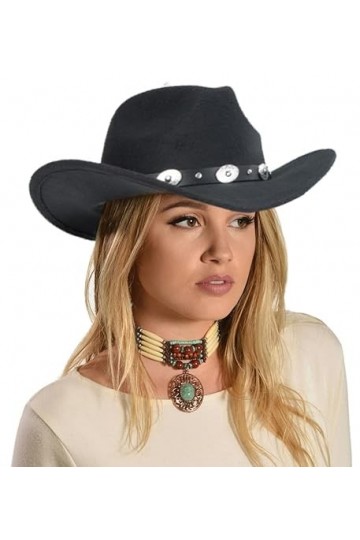 INOGIH Chapeau de cowboy western avec ceinture pour femme – Chapeau panama en feutre de laine, Noir , Taille M