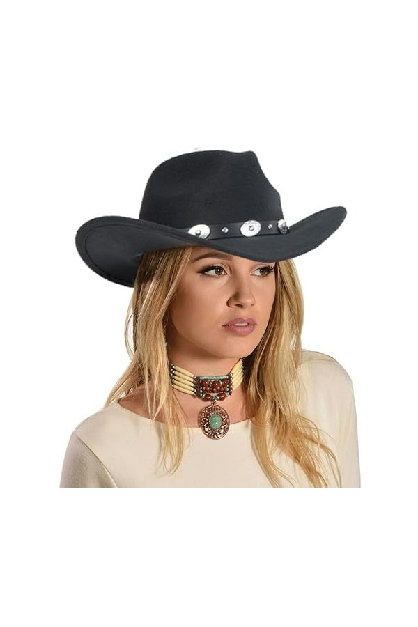 INOGIH Chapeau de cowboy western avec ceinture pour femme – Chapeau panama en feutre de laine, Noir , Taille M