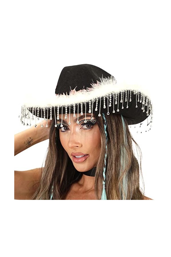 Burkashear Chapeau de cowboy pour femme à large bord avec strass et pompons - Grande casquette occidentale pour fête de club,