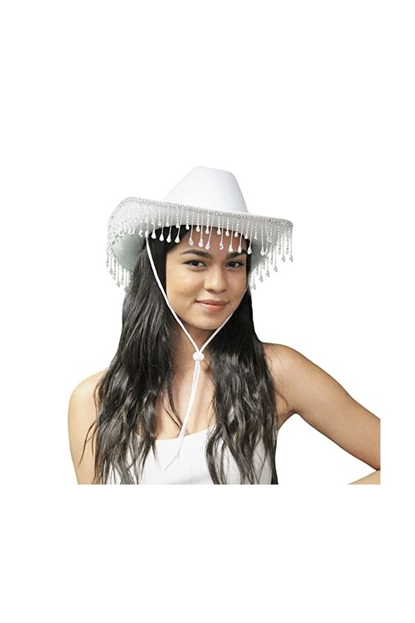 Burkashear Chapeau de cowboy pour femme à large bord avec strass et pompons - Grande casquette occidentale pour fête de club,