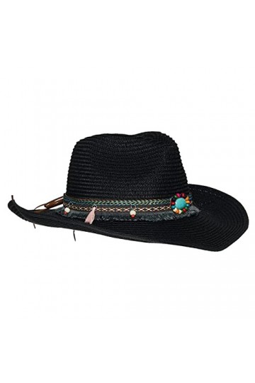 Chapeau de paille style cowboy pour femme, Noir , taille unique