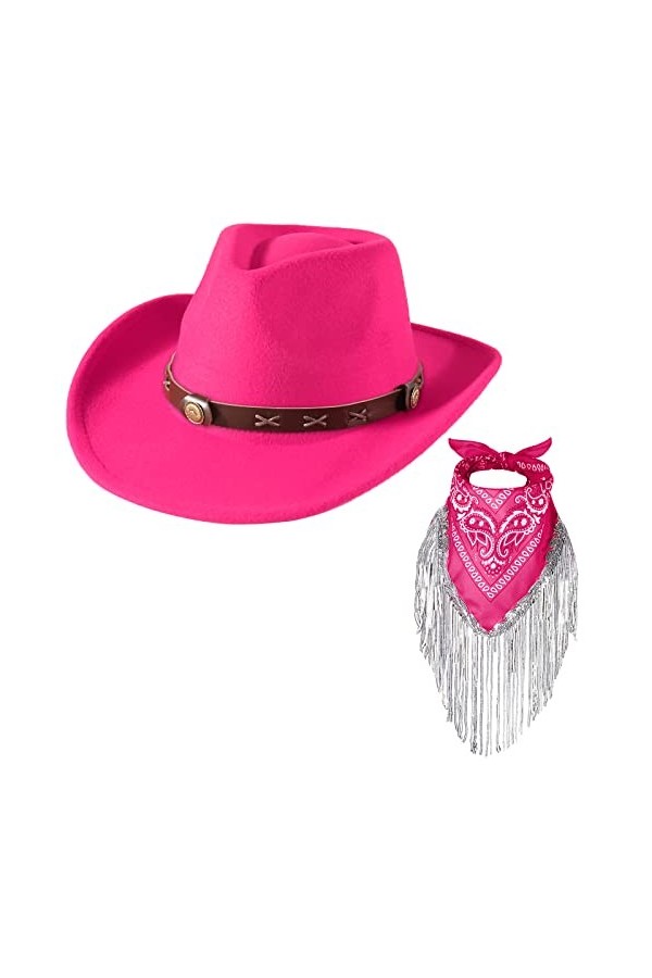 Magicor Chapeau de cowboy avec bandana à franges pour femme - Large bord - Chapeau de cowgirl western - Écharpe à motif cache