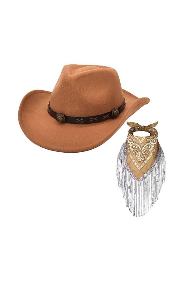 Magicor Chapeau de cowboy avec bandana à franges pour femme - Large bord - Chapeau de cowgirl western - Écharpe à motif cache
