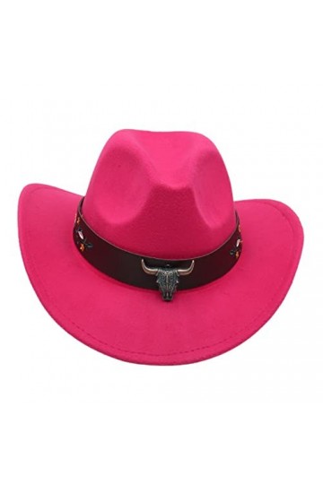 Faringoto Chapeau de cowboy western style ethnique chapeau haut de gamme tête de vache fleur ceinture, rose rouge, taille uni