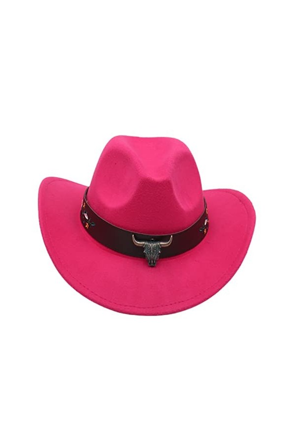 Faringoto Chapeau de cowboy western style ethnique chapeau haut de gamme tête de vache fleur ceinture, rose rouge, taille uni