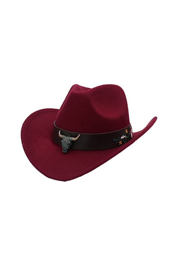Faringoto Chapeau de cowboy western style ethnique chapeau haut de gamme tête de vache fleur ceinture, rose rouge, taille uni