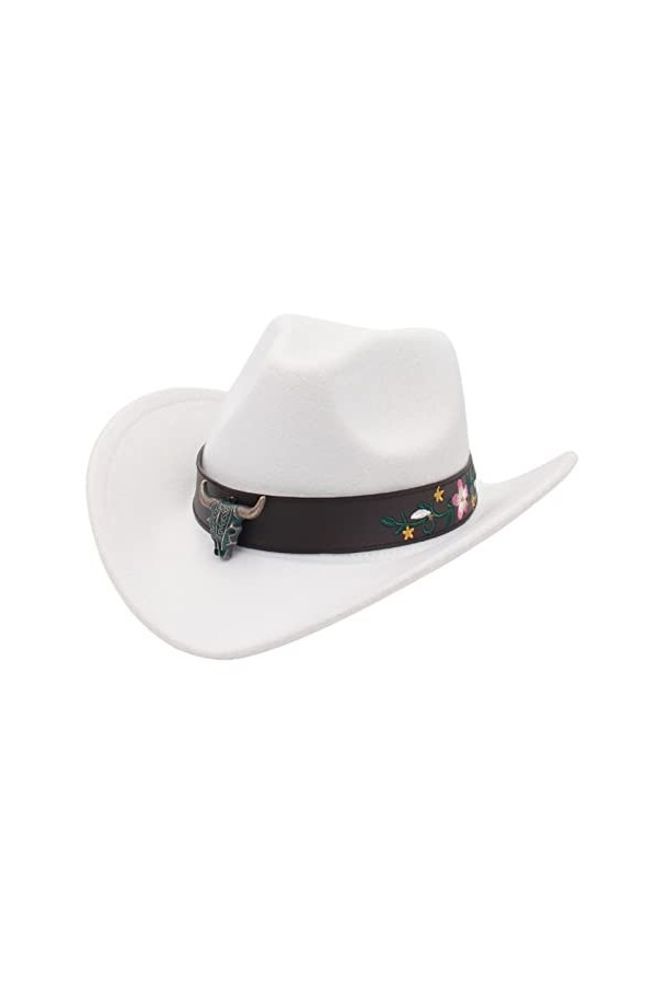 Faringoto Chapeau de cowboy western style ethnique chapeau haut de gamme tête de vache fleur ceinture, rose rouge, taille uni
