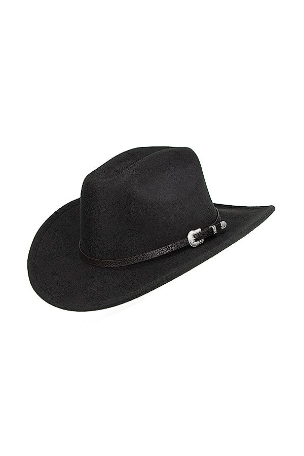 HilyBony Chapeau de cowboy western pour homme et femme - Chapeau Fedora classique à large bord avec boucle et ceinture, Noir 