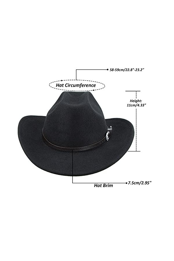 HilyBony Chapeau de cowboy western pour homme et femme - Chapeau Fedora classique à large bord avec boucle et ceinture, Noir 