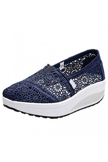 rismart Femme Crochet Dentelle Glisser sur Talon compensé Baskets Confortable Décontractée Chaussures de Marche Marine,39 EU 