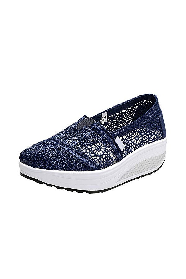 rismart Femme Crochet Dentelle Glisser sur Talon compensé Baskets Confortable Décontractée Chaussures de Marche Marine,39 EU 
