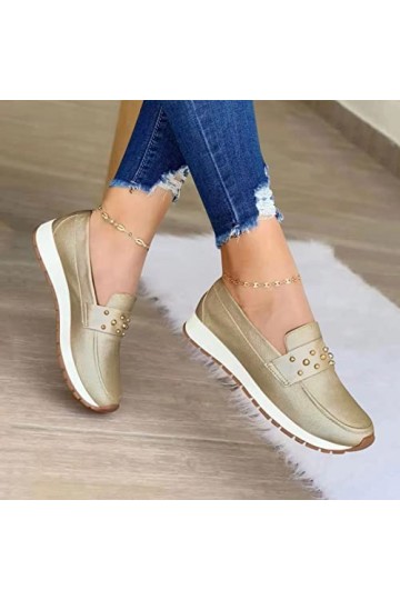 Baskets Femme Chaussures de Sport Occasionnelles Plates Confortables de décoration en métal en Cuir de Couleur Solide de Mode