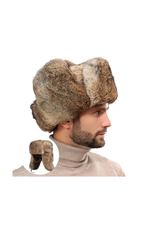 Pyrafox Chapeau russe en fourrure Ushanka pour homme et femme - Chapeau de trappeur moelleux pour lhiver - Chaud en fausse f