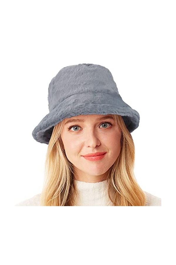 Wheebo Chapeau bob dhiver moelleux pour femme en fausse fourrure chapeau de pêcheur chaud et pelucheux, 1 gris foncé., Taill