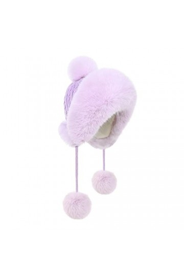 Chapeaux dhiver mignons en tricot russe en fourrure au crochet avec pompon chaud et pelucheux pour femme, Violet, Taille M