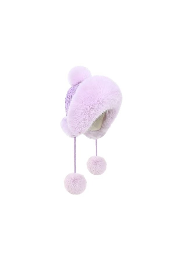 Chapeaux dhiver mignons en tricot russe en fourrure au crochet avec pompon chaud et pelucheux pour femme, Violet, Taille M