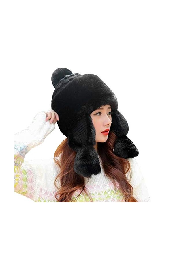 SIQITECHUK Bonnet en fausse fourrure pour femme,Bonnet bomber russe tricoté à pompons,Chapeau dhiver chaud,Chapeau de trappe