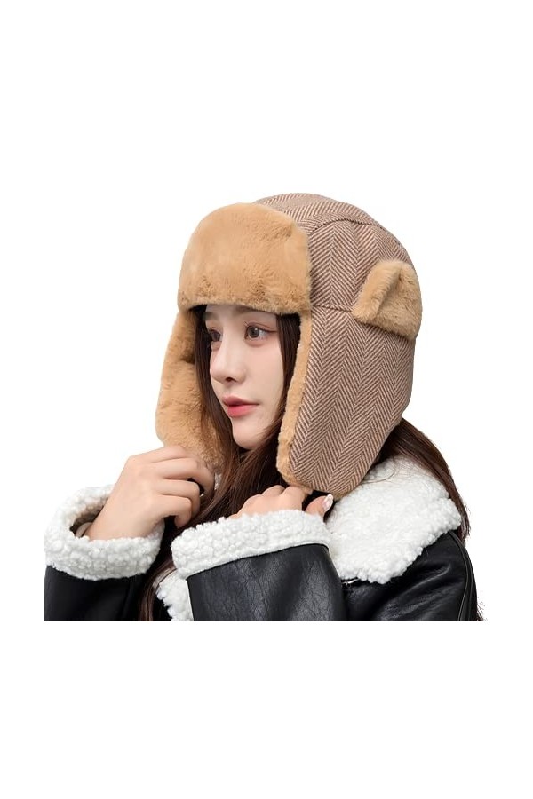 NICEYEA Bonnet de trappeur dhiver chaud avec cache-oreilles - Coupe-vent - Pour la chasse, le ski - Pour femme, kaki, taille