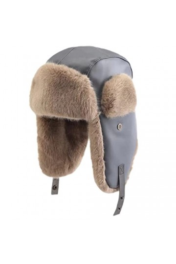 GIBZ Chapeau de Trappeur Femme Chapka Hiver Fausse Fourrure Trooper Bonnet Russe Casquette en Cuir, Gris