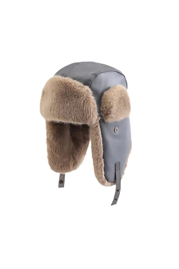 GIBZ Chapeau de Trappeur Femme Chapka Hiver Fausse Fourrure Trooper Bonnet Russe Casquette en Cuir, Gris